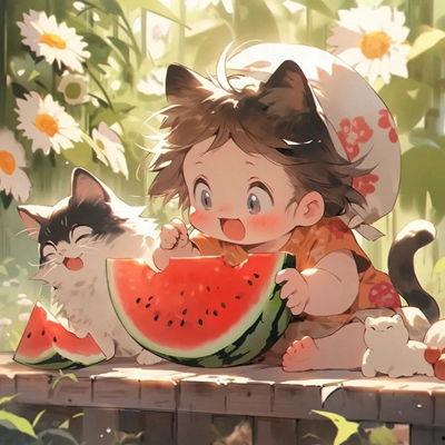 男孩吃瓜动漫图片高清,男孩动漫吃瓜瞬间，萌态尽显